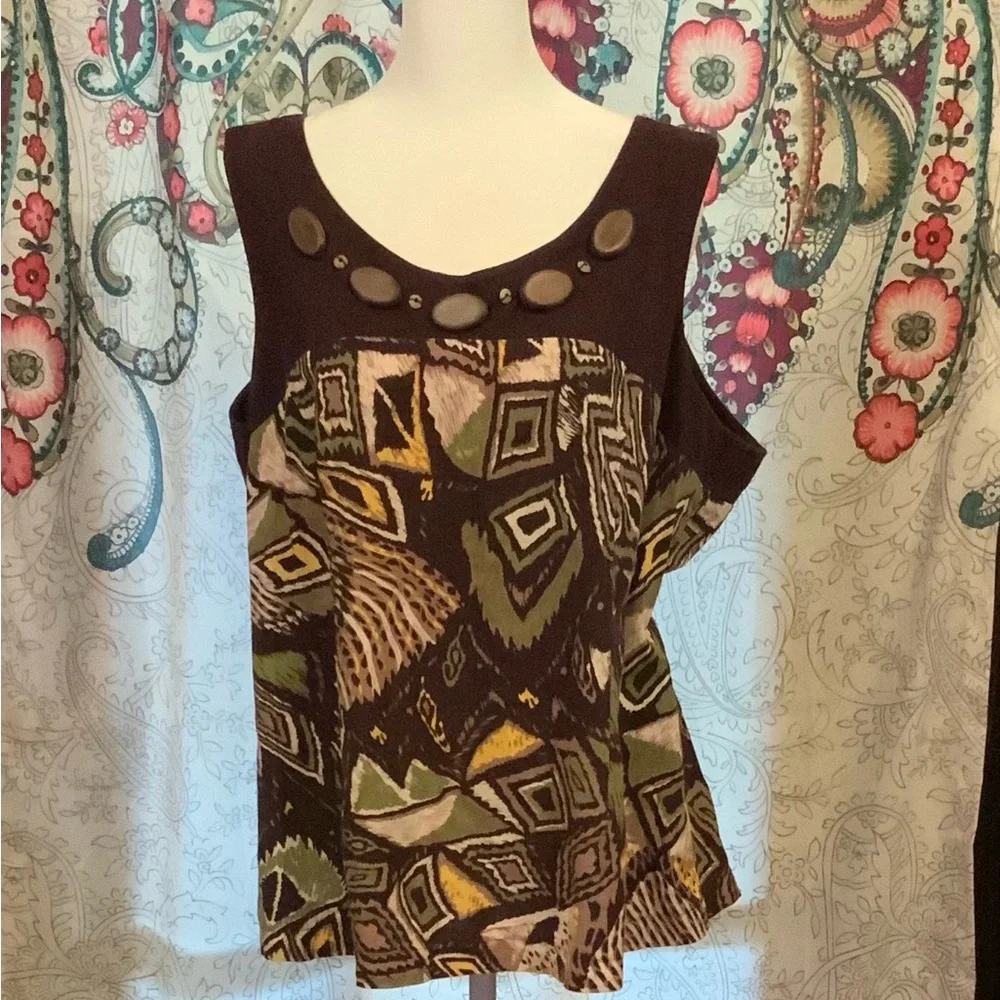 NWOT Notations Geometric Patterned Tank Top Stoned Beaded Brown Green Size XL